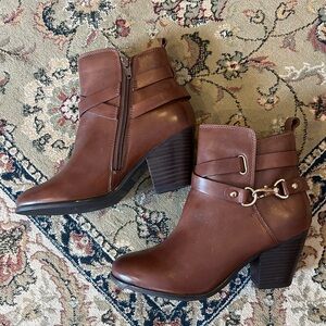 Aldo Dinoa Brown Leather heeled boots with buckle W6 1.5 inch heel BNIB